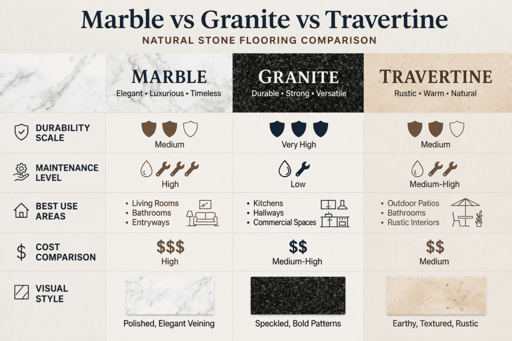 Best Guide for Natural Stone Flooring | Granite, Travertine, and Marble