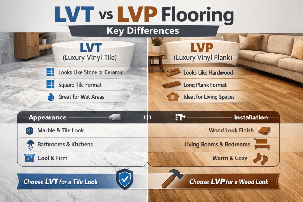 Luxury Vinyl Tile (LVT) vs Luxury Vinyl Plank (LVP) key difference